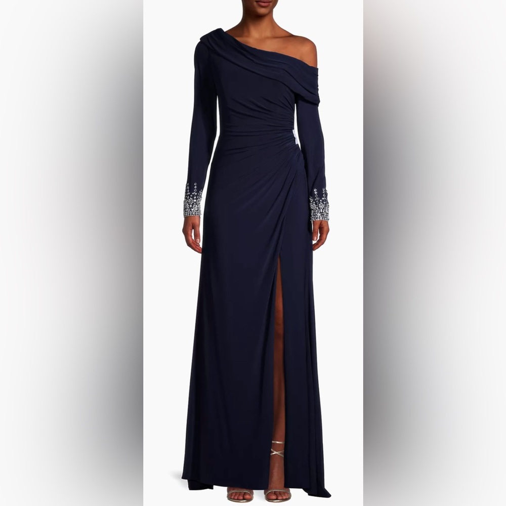 One-Shoulder Jersey Ruched Side Slit Gown